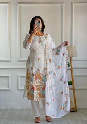 Designer fancy embroidered roman silk micro cotton white kurti pant dupatta